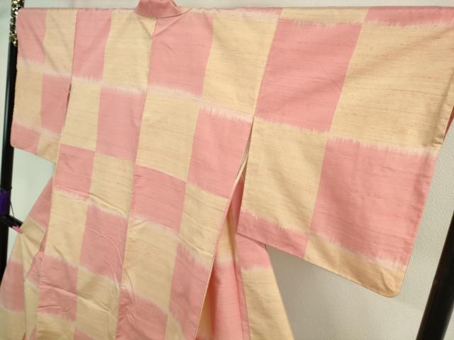 平和屋本店■極上　紅花紬　米沢　新田秀次　紅花染　市松文様　ロング丈　逸品　DZAA8678kh5