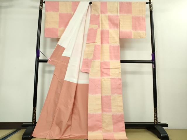 平和屋本店■極上　紅花紬　米沢　新田秀次　紅花染　市松文様　ロング丈　逸品　DZAA8678kh5