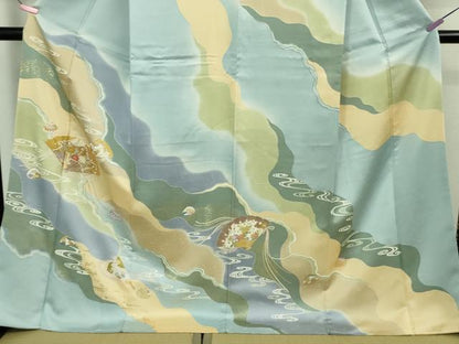 平和屋本店■極上　創業460年・千總　訪問着　駒刺繍　檜扇　貝合わせ　白藍色地　暈し染め　金彩　ロング丈　逸品　DZAA8692kh5