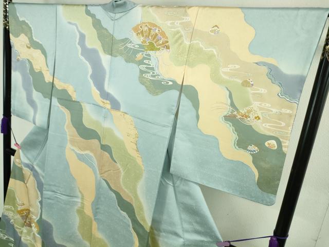 平和屋本店■極上　創業460年・千總　訪問着　駒刺繍　檜扇　貝合わせ　白藍色地　暈し染め　金彩　ロング丈　逸品　DZAA8692kh5