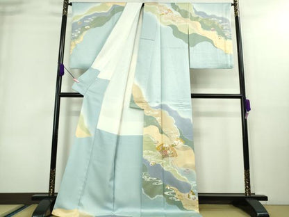 平和屋本店■極上　創業460年・千總　訪問着　駒刺繍　檜扇　貝合わせ　白藍色地　暈し染め　金彩　ロング丈　逸品　DZAA8692kh5