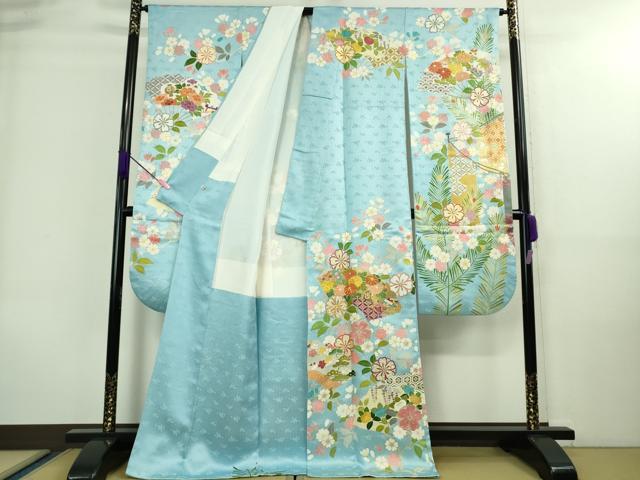 平和屋本店■極上　創業460年・千總　振袖　駒刺繍　宝尽くし　扇面花文　空色地　金彩　高島屋扱い　逸品　DZAA8693kh5