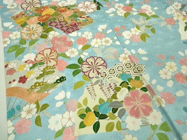 平和屋本店■極上　創業460年・千總　振袖　駒刺繍　宝尽くし　扇面花文　空色地　金彩　高島屋扱い　逸品　DZAA8693kh5 平和屋本店□極上 創業460年・千總 振袖 駒刺繍 宝尽くし 扇面花