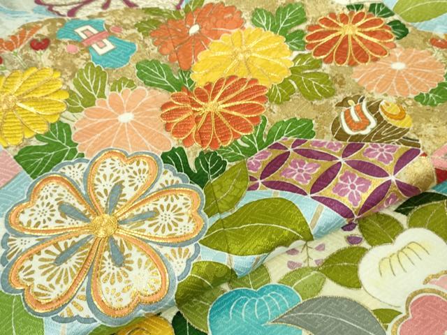 平和屋本店□極上 創業460年・千總 振袖 駒刺繍 宝尽くし 扇面花