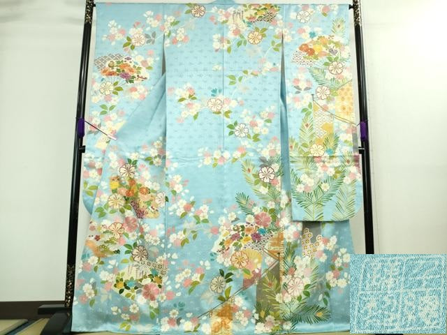 平和屋本店■極上　創業460年・千總　振袖　駒刺繍　宝尽くし　扇面花文　空色地　金彩　高島屋扱い　逸品　DZAA8693kh5 平和屋本店□極上 創業460年・千總 振袖 駒刺繍 宝尽くし 扇面花