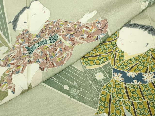 平和屋本店■極上　二代目・由水十久　本加賀友禅　訪問着　喜華　童子　白緑色地　逸品　DZAA8699kh5