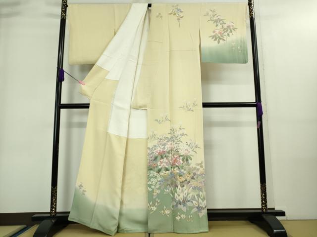 平和屋本店■極上　本加賀友禅作家　長峰茂男　訪問着　草花文　鳥の子色地　逸品　DZAA8728kh5