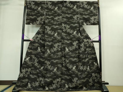 平和屋本店■極上　本場大島紬　9マルキ　猫　ネコ　毛糸　枝椿　黒地　さが美扱い　逸品　DZAA8740kh5