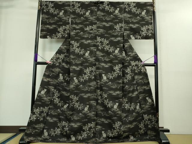 平和屋本店■極上　本場大島紬　9マルキ　猫　ネコ　毛糸　枝椿　黒地　さが美扱い　逸品　DZAA8740kh5