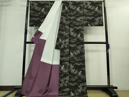 平和屋本店■極上　本場大島紬　9マルキ　猫　ネコ　毛糸　枝椿　黒地　さが美扱い　逸品　DZAA8740kh5