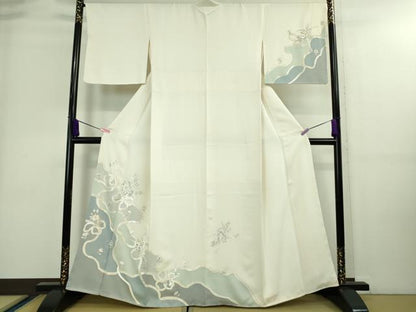 平和屋本店■極上　訪問着　総刺繍　結び紐　草花文　象牙色地　逸品　未使用　DZAA8747kh5