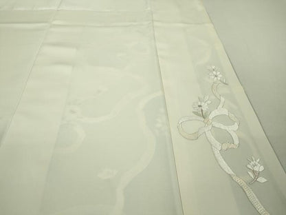 平和屋本店■極上　訪問着　総刺繍　結び紐　草花文　象牙色地　逸品　未使用　DZAA8747kh5