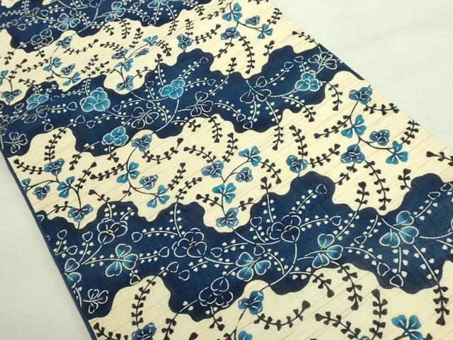 平和屋本店■最高級　夏物　城間栄順　本場琉球紅型　九寸開き名古屋帯　草花文　麻　反端・紙タグ付き　逸品　未使用　DZAA8772kh5