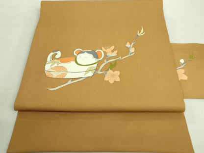 平和屋本店■極上　銀座　志ま亀　塩瀬　九寸名古屋帯　鼠　狐色地　金彩　たとう紙付き　逸品　DZAA8778kh5