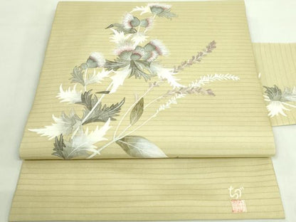 平和屋着物＊極上 夏物 華道家 楠目ちづ 絽塩瀬 九寸名古屋帯 手描き アザミ 木蘭色地 三越扱い 逸品 DZAA8780kh5