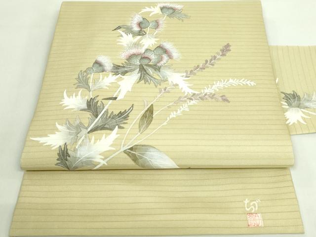 平和屋着物＊極上 夏物 華道家 楠目ちづ 絽塩瀬 九寸名古屋帯 手描き アザミ 木蘭色地 三越扱い 逸品 DZAA8780kh5