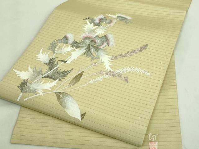 平和屋着物＊極上 夏物 華道家 楠目ちづ 絽塩瀬 九寸名古屋帯 手描き アザミ 木蘭色地 三越扱い 逸品 DZAA8780kh5