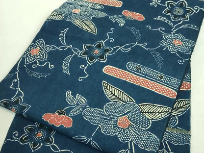 平和屋本店■極上　浦野理一　経節紬　九寸名古屋帯　型染め　枝花文　逸品　DZAA8815kh5