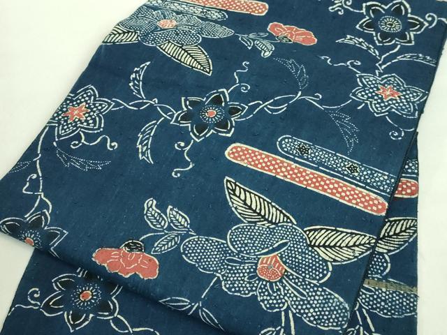 平和屋本店■極上　浦野理一　経節紬　九寸名古屋帯　型染め　枝花文　逸品　DZAA8815kh5
