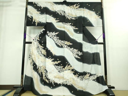 平和屋本店■極上　夏物　訪問着　市松紋絽　駒刺繍　花萩文　暈し染め　黒地　金彩　逸品　DZAA8858kh5