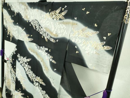 平和屋本店■極上　夏物　訪問着　市松紋絽　駒刺繍　花萩文　暈し染め　黒地　金彩　逸品　DZAA8858kh5