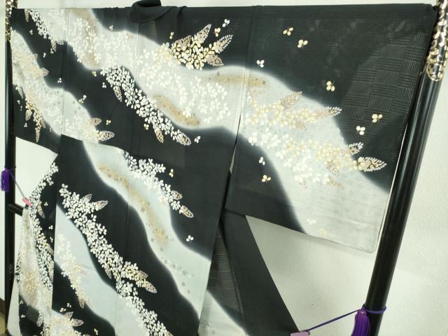 平和屋本店■極上　夏物　訪問着　市松紋絽　駒刺繍　花萩文　暈し染め　黒地　金彩　逸品　DZAA8858kh5