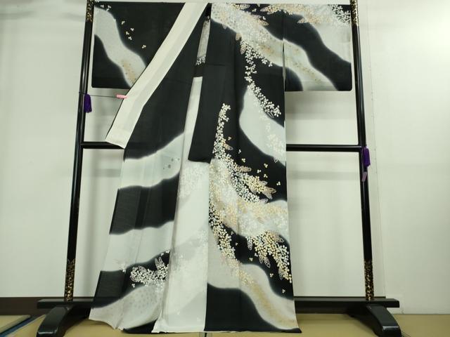 平和屋本店■極上　夏物　訪問着　市松紋絽　駒刺繍　花萩文　暈し染め　黒地　金彩　逸品　DZAA8858kh5