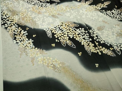 平和屋本店■極上　夏物　訪問着　市松紋絽　駒刺繍　花萩文　暈し染め　黒地　金彩　逸品　DZAA8858kh5