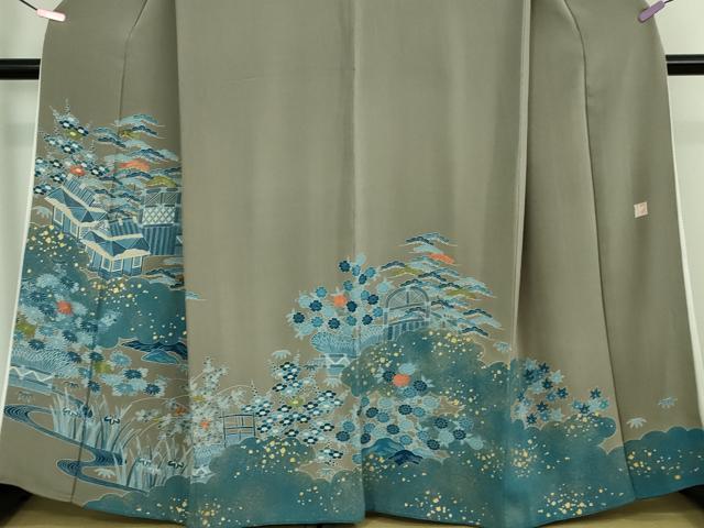 平和屋本店■極上　人間国宝　五代　田畑喜八　色留袖　刺繍　藍　風景花文　生壁色地　金彩　逸品　DZAA8861kh5