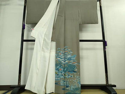 平和屋本店■極上　人間国宝　五代　田畑喜八　色留袖　刺繍　藍　風景花文　生壁色地　金彩　逸品　DZAA8861kh5