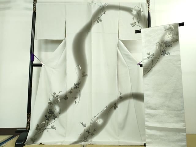 平和屋本店●極上　京都の名門ブランド　銀花仙　訪問着・袋帯セット　ロング丈　枝花文　白鼠色地　暈し染め　逸品　DZAA8862kh5