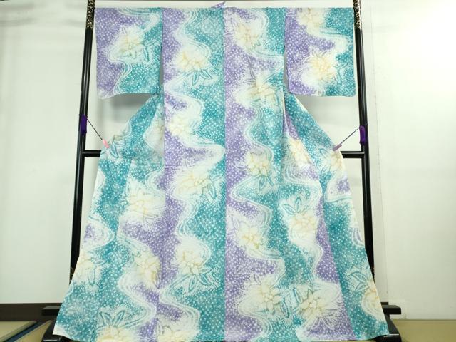 平和屋着物∴極上 夏物 浴衣 有松鳴海絞り 流水花文 暈し染め 綿 ロング丈 逸品 DZAA8864kh5