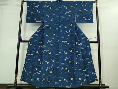 平和屋本店■極上　浦野理一　型染　小紋　鶴亀　紺青色地　鬼しぼ縮緬　逸品　DZAA8908kh5