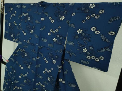 平和屋本店■極上　浦野理一　型染　小紋　鶴亀　紺青色地　鬼しぼ縮緬　逸品　DZAA8908kh5