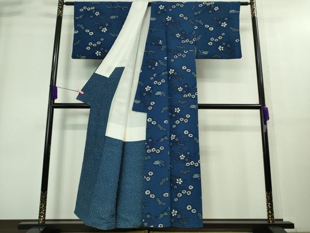 平和屋本店■極上　浦野理一　型染　小紋　鶴亀　紺青色地　鬼しぼ縮緬　逸品　DZAA8908kh5