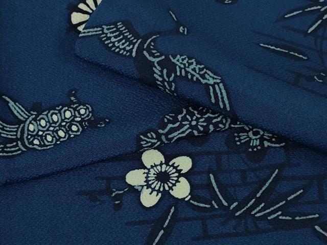 平和屋本店□極上 浦野理一 型染 小紋 鶴亀 紺青色地