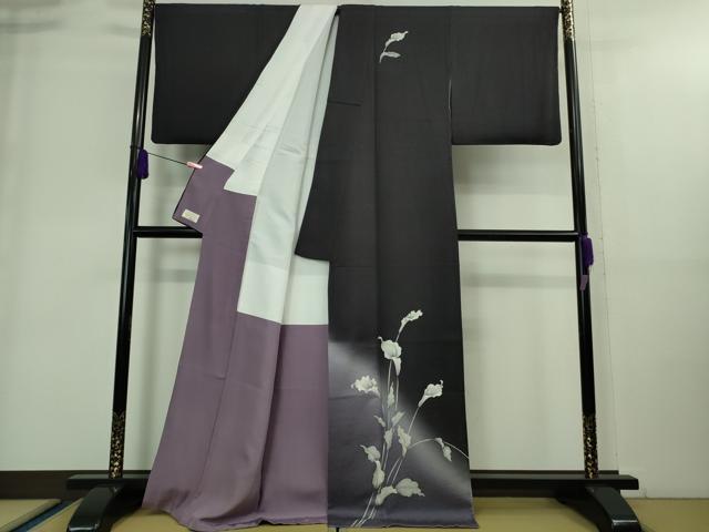 平和屋着物■極上　訪問着　カラー　暈し染め　紫黒色地　銀彩　やまと金ラベル　逸品　DZAA8917kh5