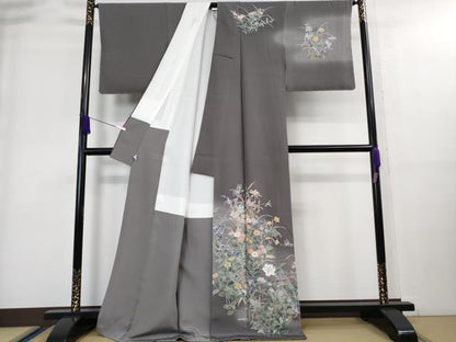 平和屋本店■極上　十日町　加賀草木友禅の第一人者　田村哲彦　訪問着　草花文　丼鼠色地　暈し染め　逸品　未使用　DZAA8918kh5