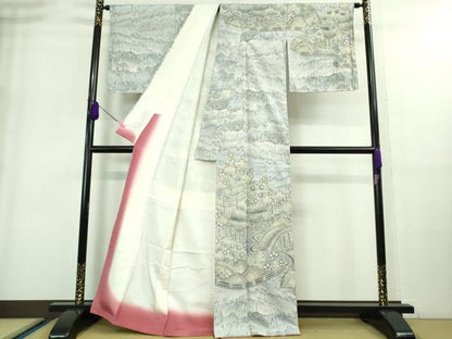 平和屋本店■極上　本場大島紬　白大島　古代つむぎ　訪問着　絞り　7マルキ　渡橋風景花文　反端付き　逸品　未使用　DZAA8932kh5