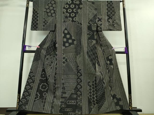 平和屋本店■極上　本場大島紬　刺し子　総刺繍　切嵌　名物裂　黒地　逸品　DZAA8938kh5