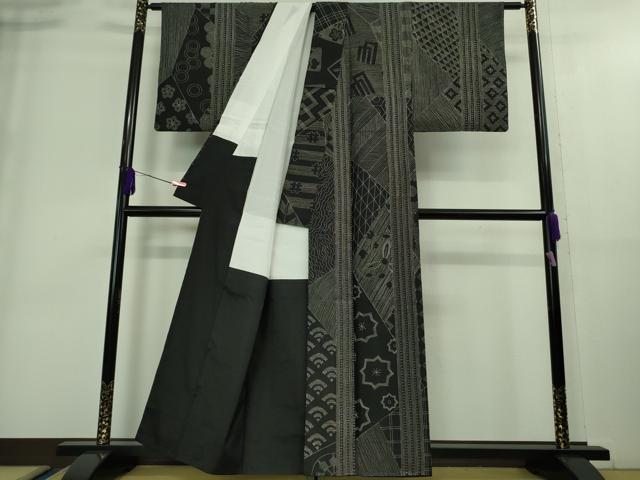 平和屋本店■極上　本場大島紬　刺し子　総刺繍　切嵌　名物裂　黒地　逸品　DZAA8938kh5
