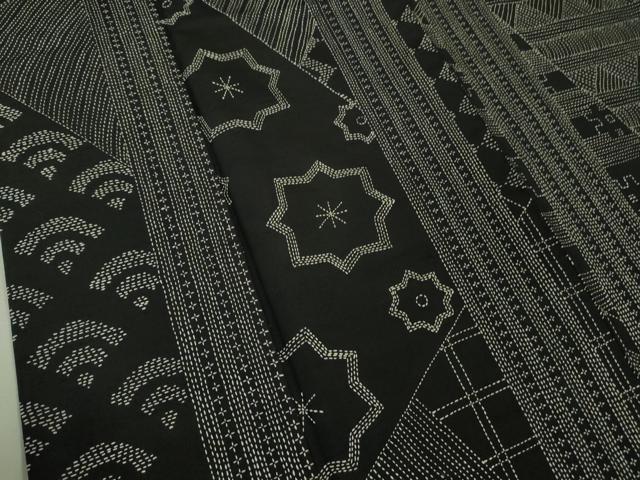 平和屋本店■極上　本場大島紬　刺し子　総刺繍　切嵌　名物裂　黒地　逸品　DZAA8938kh5