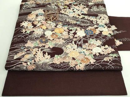 平和屋本店■極上　九寸名古屋帯　駒刺繍　御所解時　黒檀色地　鬼しぼ縮緬　逸品　DZAA8954kh5