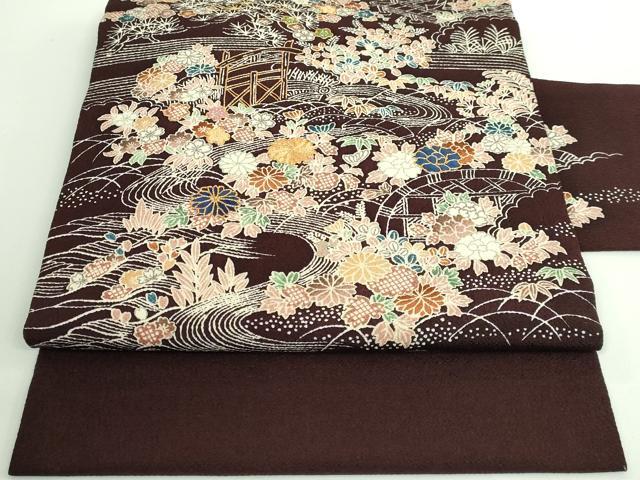 平和屋本店■極上　九寸名古屋帯　駒刺繍　御所解時　黒檀色地　鬼しぼ縮緬　逸品　DZAA8954kh5