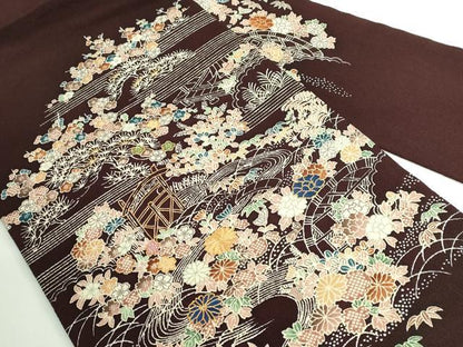 平和屋本店■極上　九寸名古屋帯　駒刺繍　御所解時　黒檀色地　鬼しぼ縮緬　逸品　DZAA8954kh5