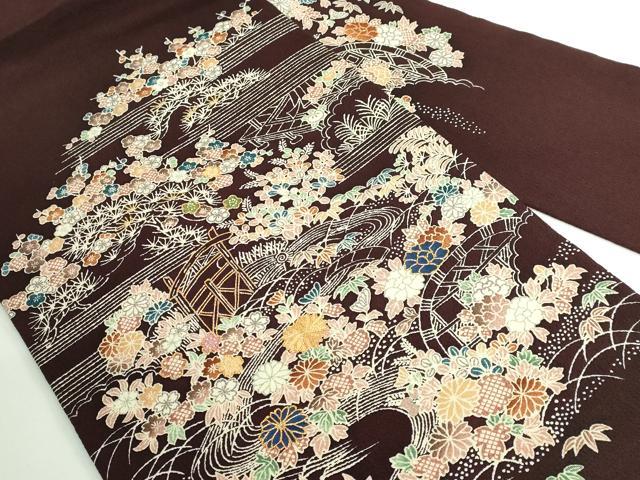 平和屋本店■極上　九寸名古屋帯　駒刺繍　御所解時　黒檀色地　鬼しぼ縮緬　逸品　DZAA8954kh5