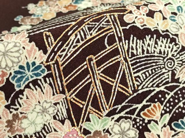 平和屋本店■極上　九寸名古屋帯　駒刺繍　御所解時　黒檀色地　鬼しぼ縮緬　逸品　DZAA8954kh5