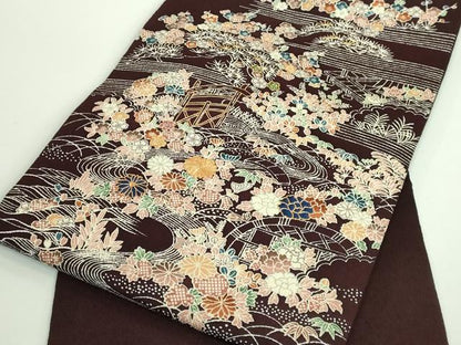 平和屋本店■極上　九寸名古屋帯　駒刺繍　御所解時　黒檀色地　鬼しぼ縮緬　逸品　DZAA8954kh5