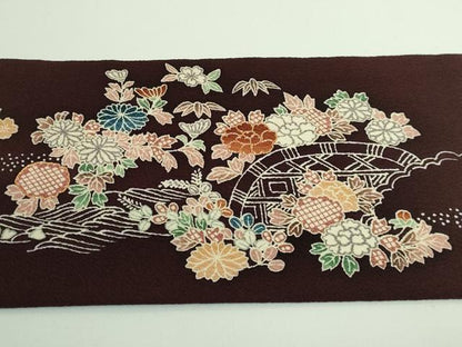平和屋本店■極上　九寸名古屋帯　駒刺繍　御所解時　黒檀色地　鬼しぼ縮緬　逸品　DZAA8954kh5
