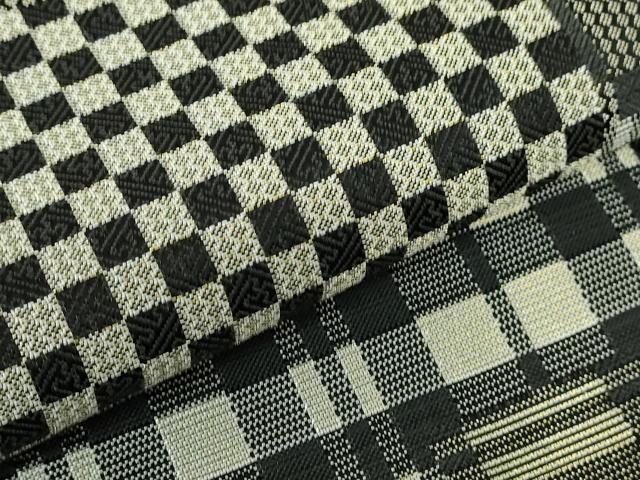平和屋着物●極上　染色作家　斉藤三才　両面　六通柄袋帯　変わり市松格子　三才鳥　黒地　金銀糸　上代41万　反端付　逸品　DZAA9024kh5